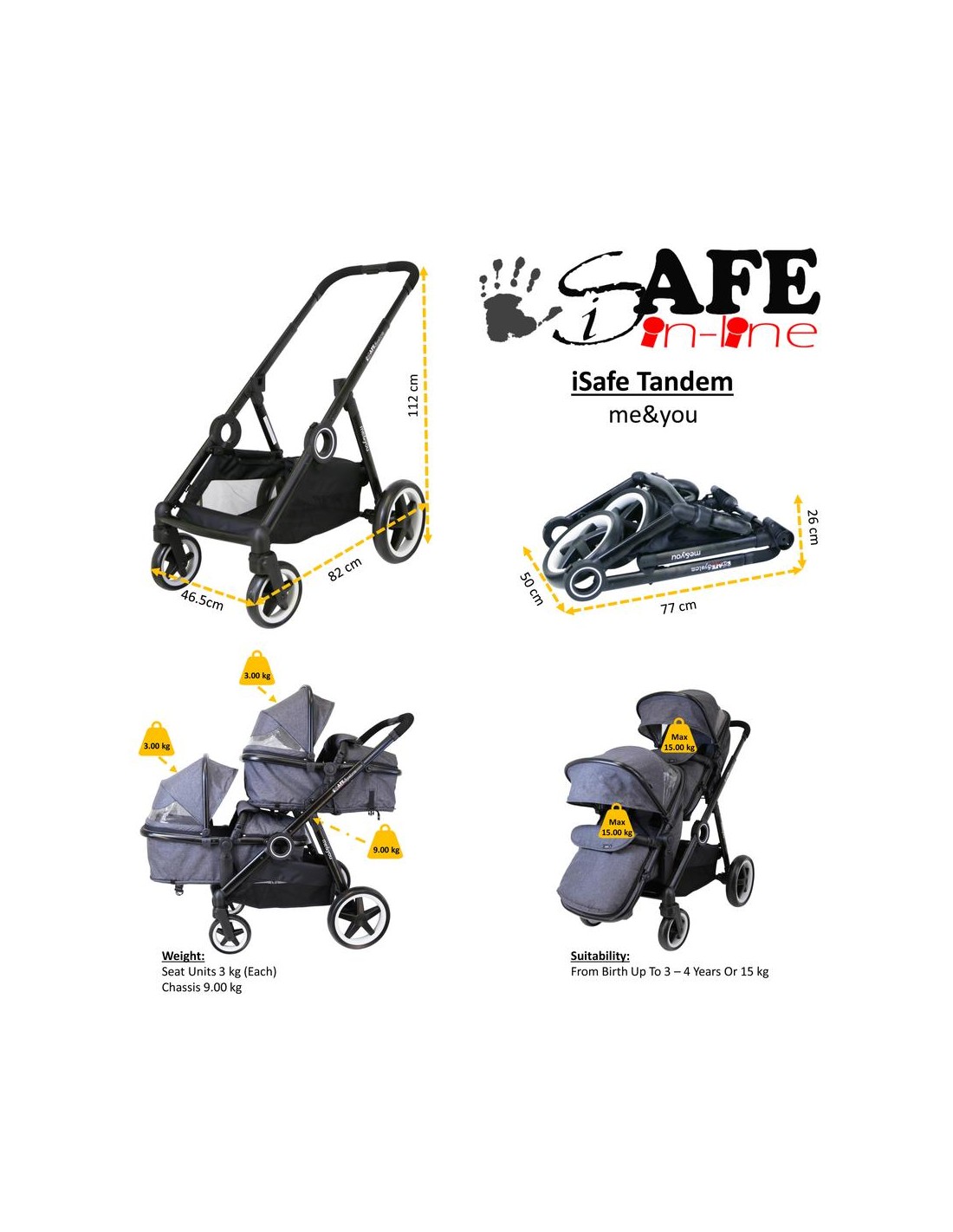 Black iSafe Me&You Inline Tandem Travel System with Second Seat & Car Seat