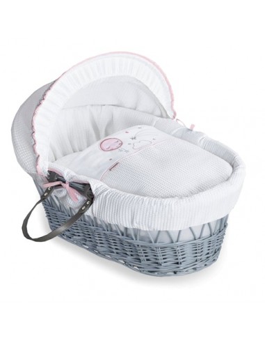Clair de Lune Over The Moon Grey Wicker Moses Basket-Pink